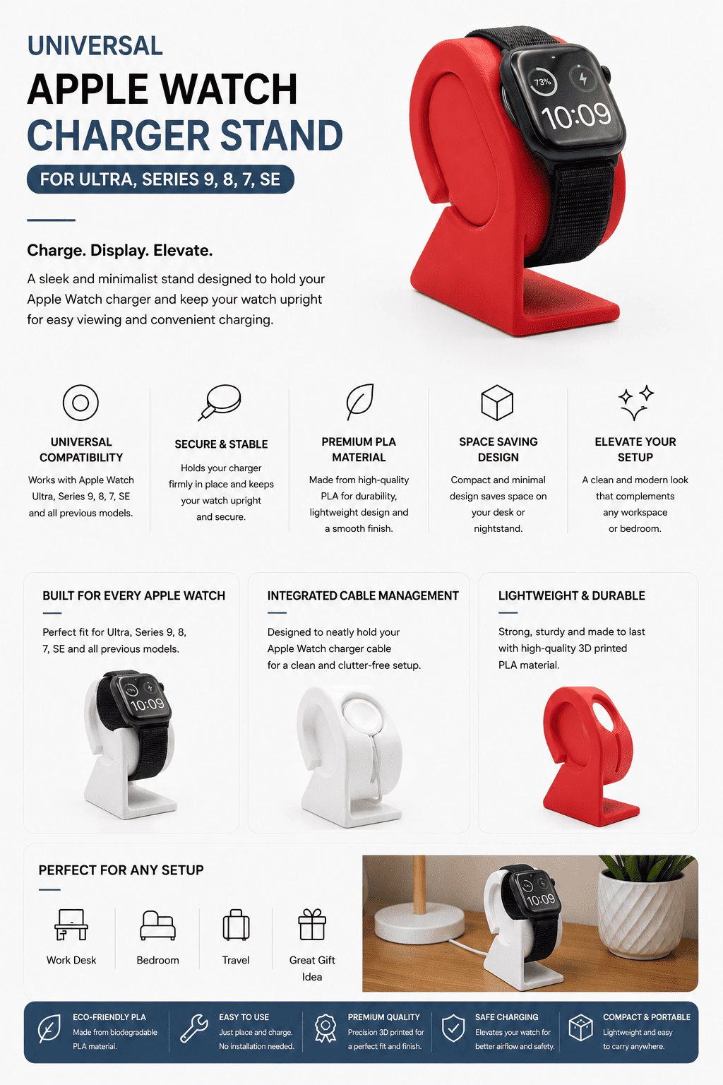 Universal Apple Watch Charger Stand for Ultra, Series 9, 8, 7, SE apple watch charger single description