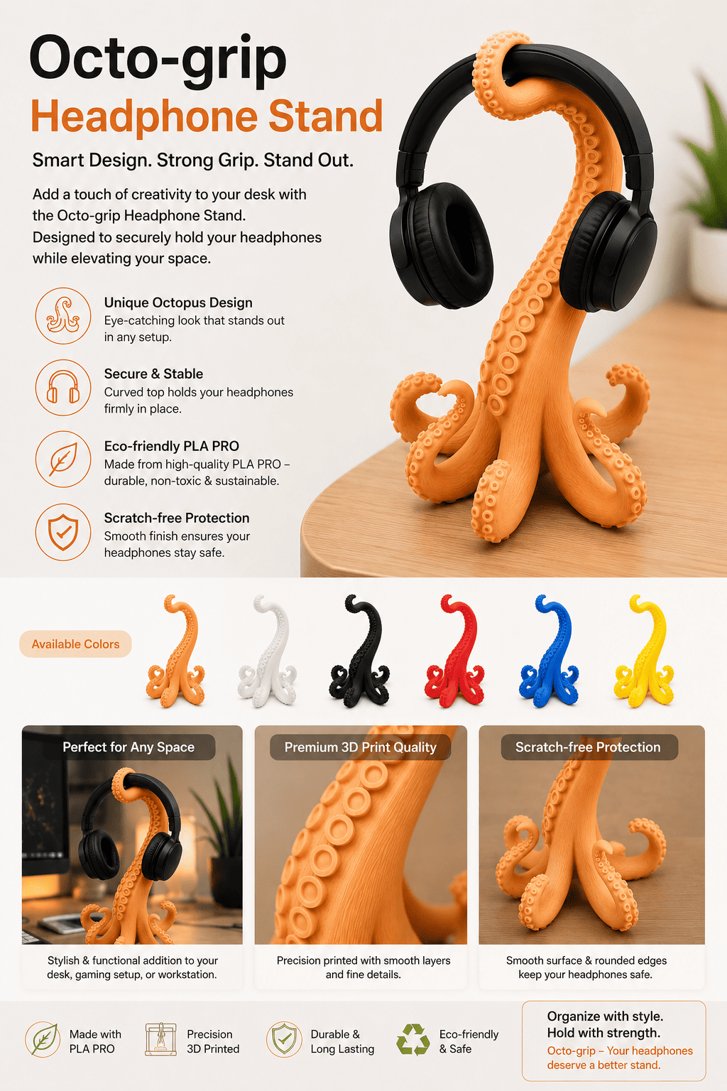 Octo-grip Headphone Stand octopus style headphone holder description